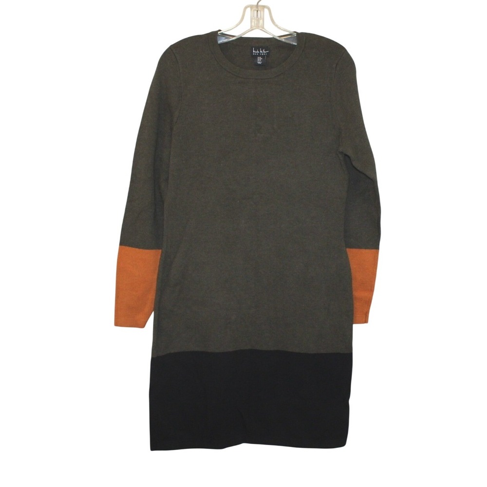 Nicole Miller sweater dress Size Med long sleeve colorblock green black orange